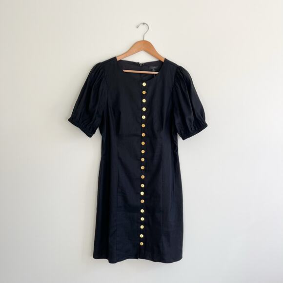 J. Crew NWT Stretch Viscose Linen Blend Gold Button Front Puff Sleeve Mini Dress - Picture 3 of 12